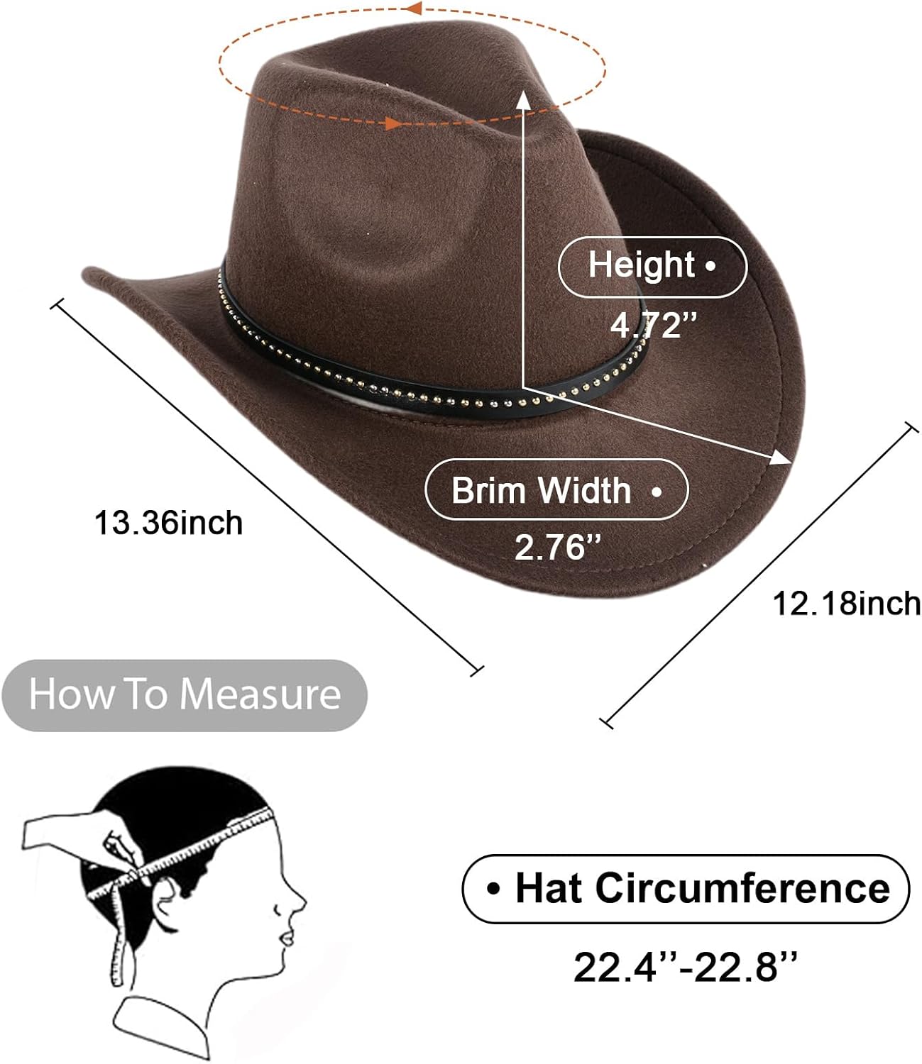 Classic Cowboy Hat, Wide Brim Western Felt Cowboy Hat for Men and Women, Party Hat Photo Prop (Size: M, Color: Coffee)