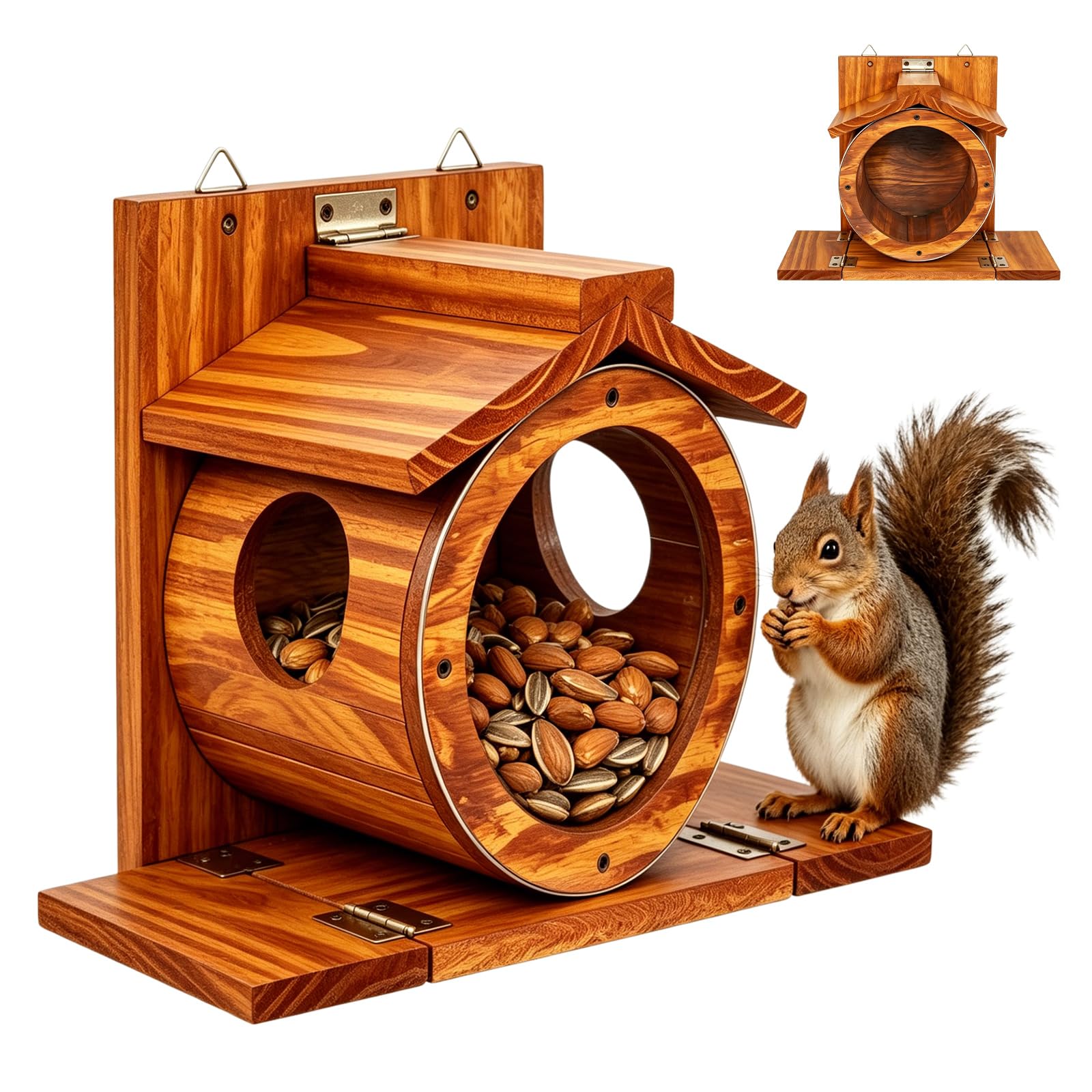 Eichhörnchen Futterhaus aus Holz, Wetterfest Eichhörnchen Haus mit Transparentem Fenster und 2.75" Grosser Oeffnung Wandmontage Robuste Futterstation für Garten Hinterhof Und Aussenbereich