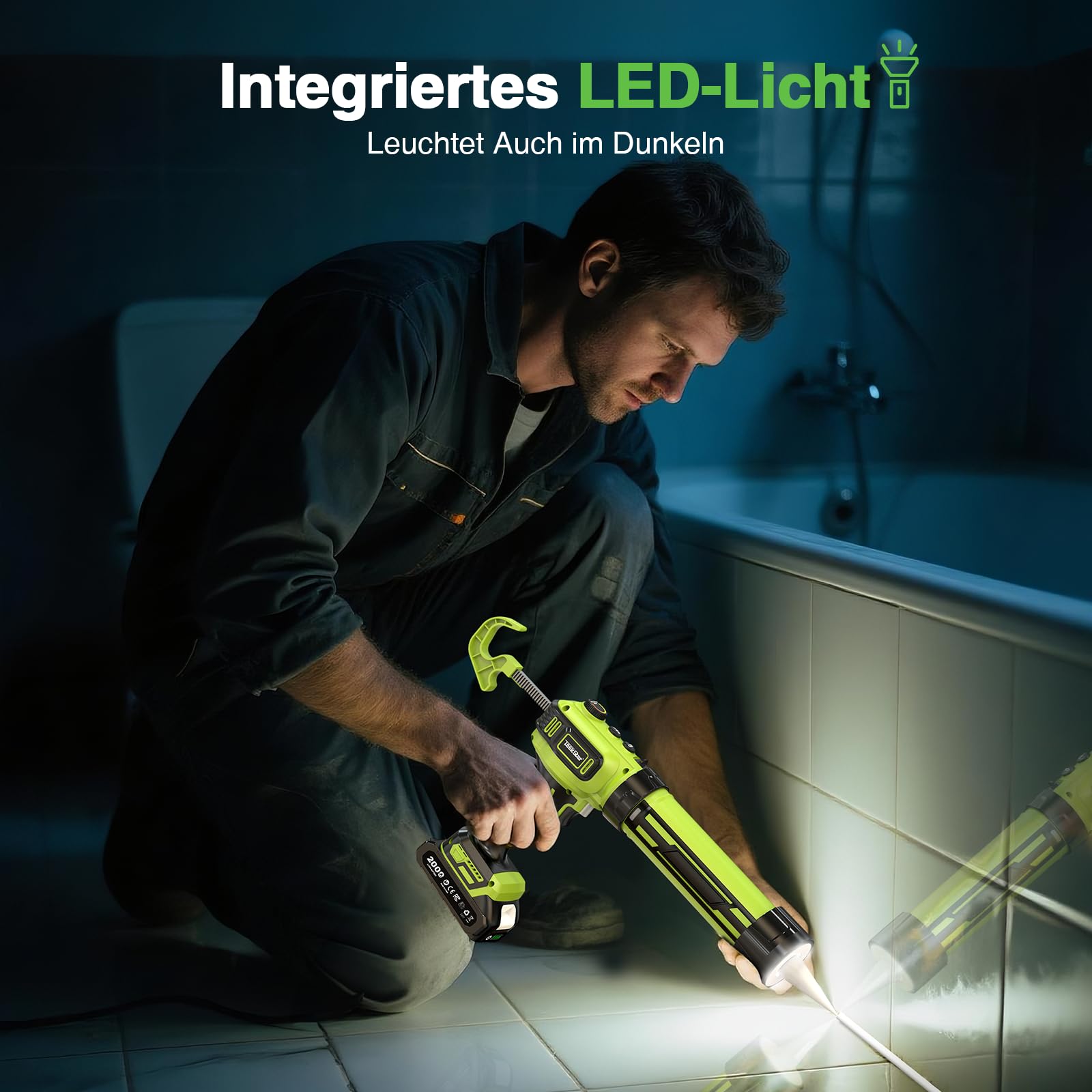 Taskstar Kartuschenpresse Akku mit 2 Akkus und LED-Licht, Akku Silikonpistole Kompatibel mit Makita 18V Akkus für 300ml-Kartuschen zum Verstemmen und Abdichten(Grün) | 2026 Kartuschenpresse Akku mit 2 Akkus und Bürstenloser Motor
