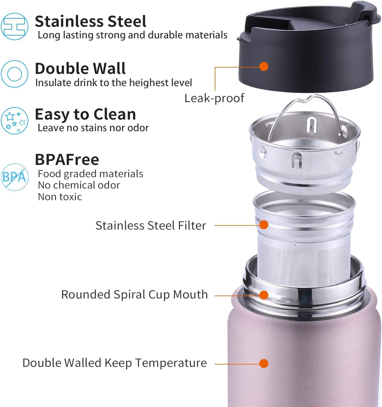 Infuser Travel Mug with Removable loose leaf Tea Strainer Bottle 18/8 Stainless Steel Insulated Tumbler for Women Rosegold - Image 3