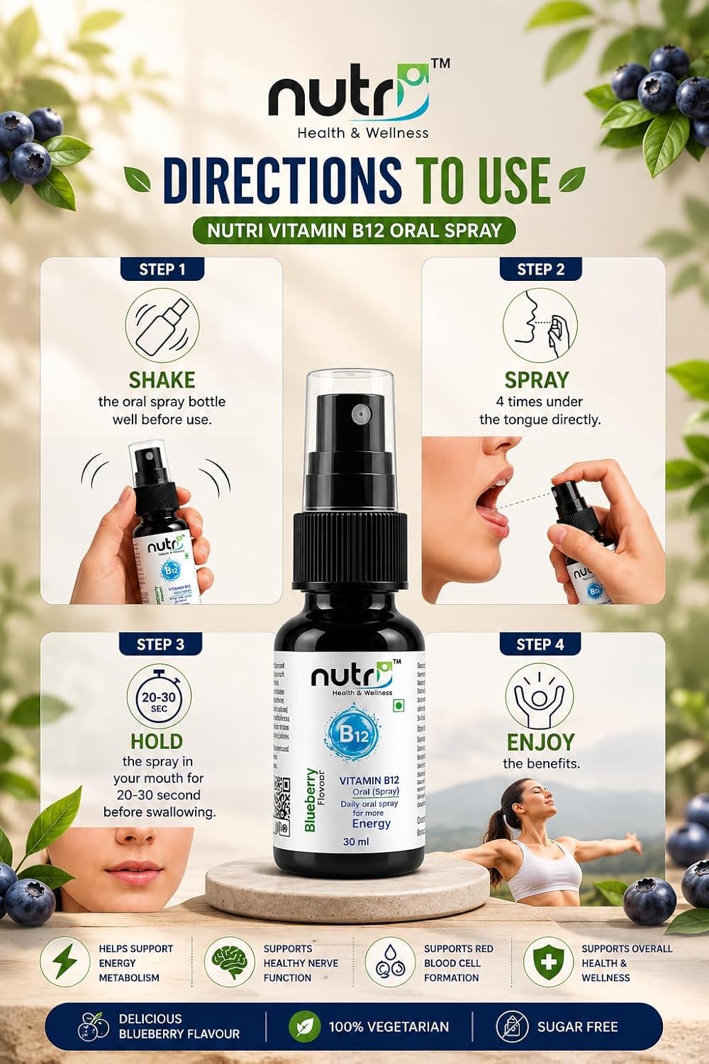 Nutri Health & Wellness Vitamin B12 Oral Spray Combo Pack of 2 | Methylcobalamin & Biotin | Blueberry Flavour | Sugar Free | 100% Vegetarian | Daily Wellness Supplement | 30 ml Each — Amazon image 3