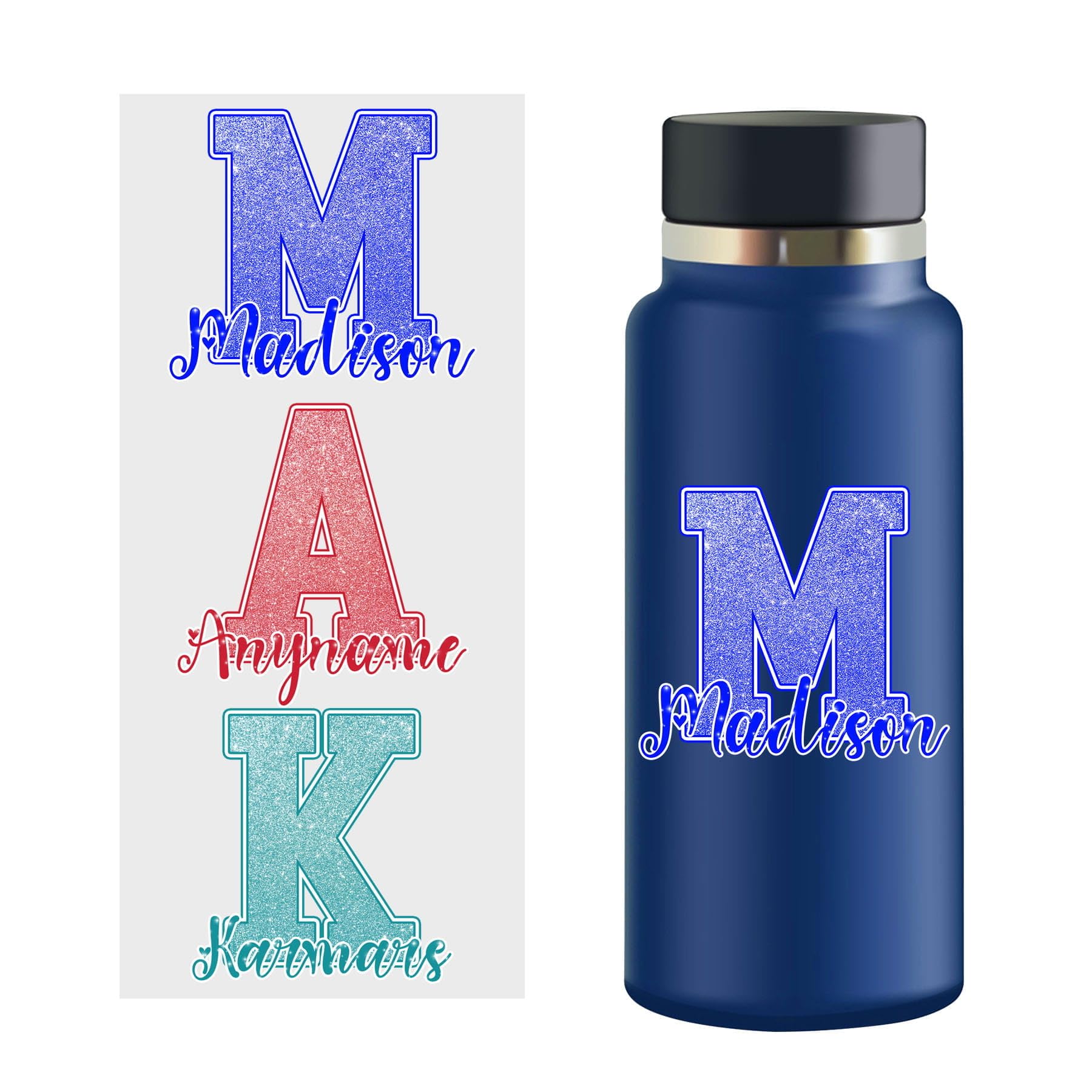 Custom Name Sticker, Personalized Colorful Glitter Initial Name Transparent Sticker Waterproof Vinyl Decal for Water Bottles,Tumblers, Cup, Laptop,