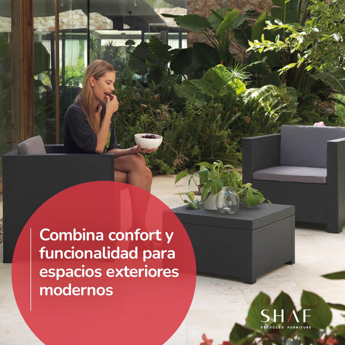 SP Berner - Set de Muebles de Jardín y Terraza Diva Tete a Tete Color Wengue - 2 Sillones y Mesa de Centro con Almacenaje - Fabricado en España con Plástico Reciclado
