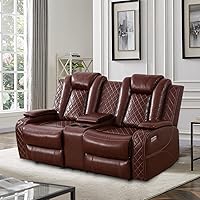 Vista 30 de Juego de sofá reclinable eléctrico para sala de estar, sofás reclinables de cuero caqui con puerto USB, sofá de cuero con sillón reclinable