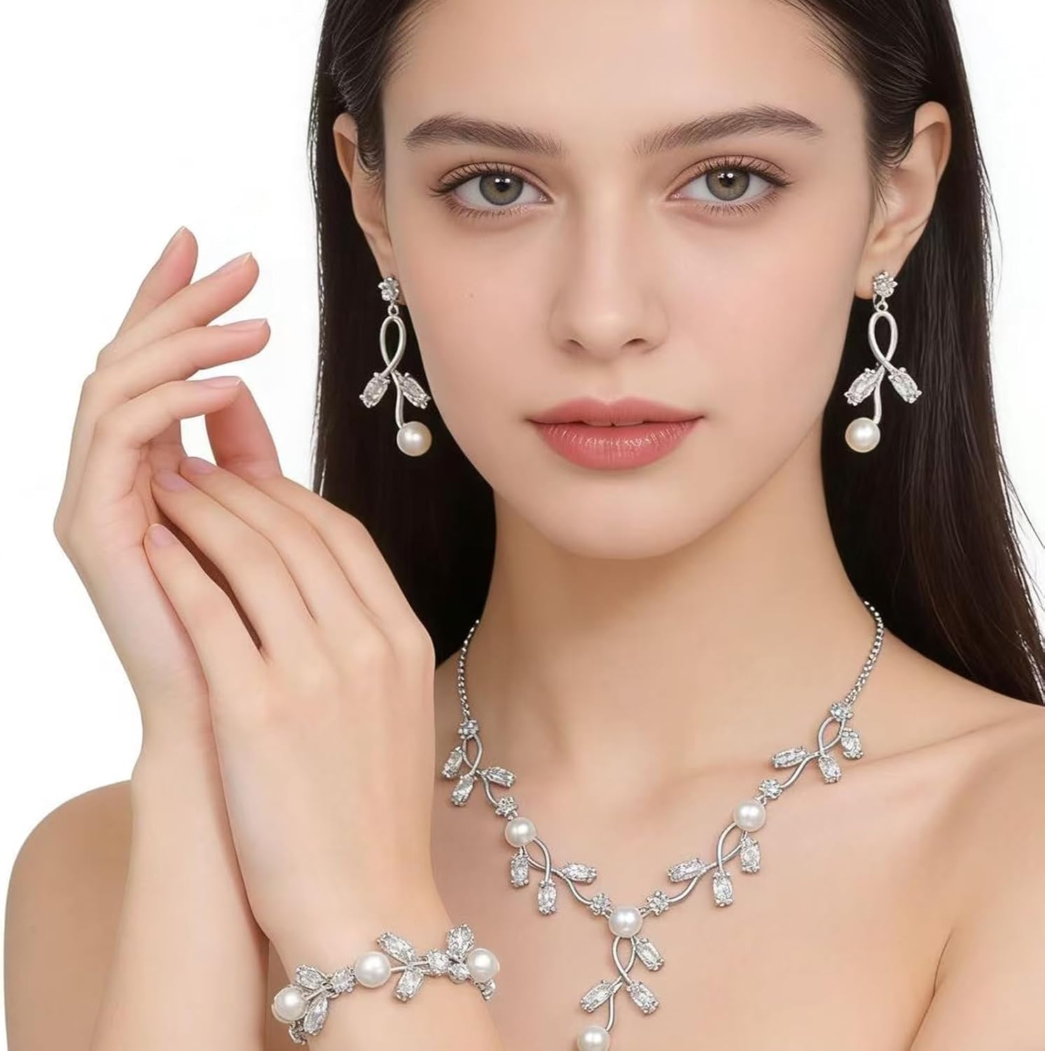 Elegant Wedding Cubic Zirconia Simulated Pearl Leaf Pendant Necklace Link Bracelet Dangle Earring Bridesmaid Bride Jewelry Set for Women Party Prom