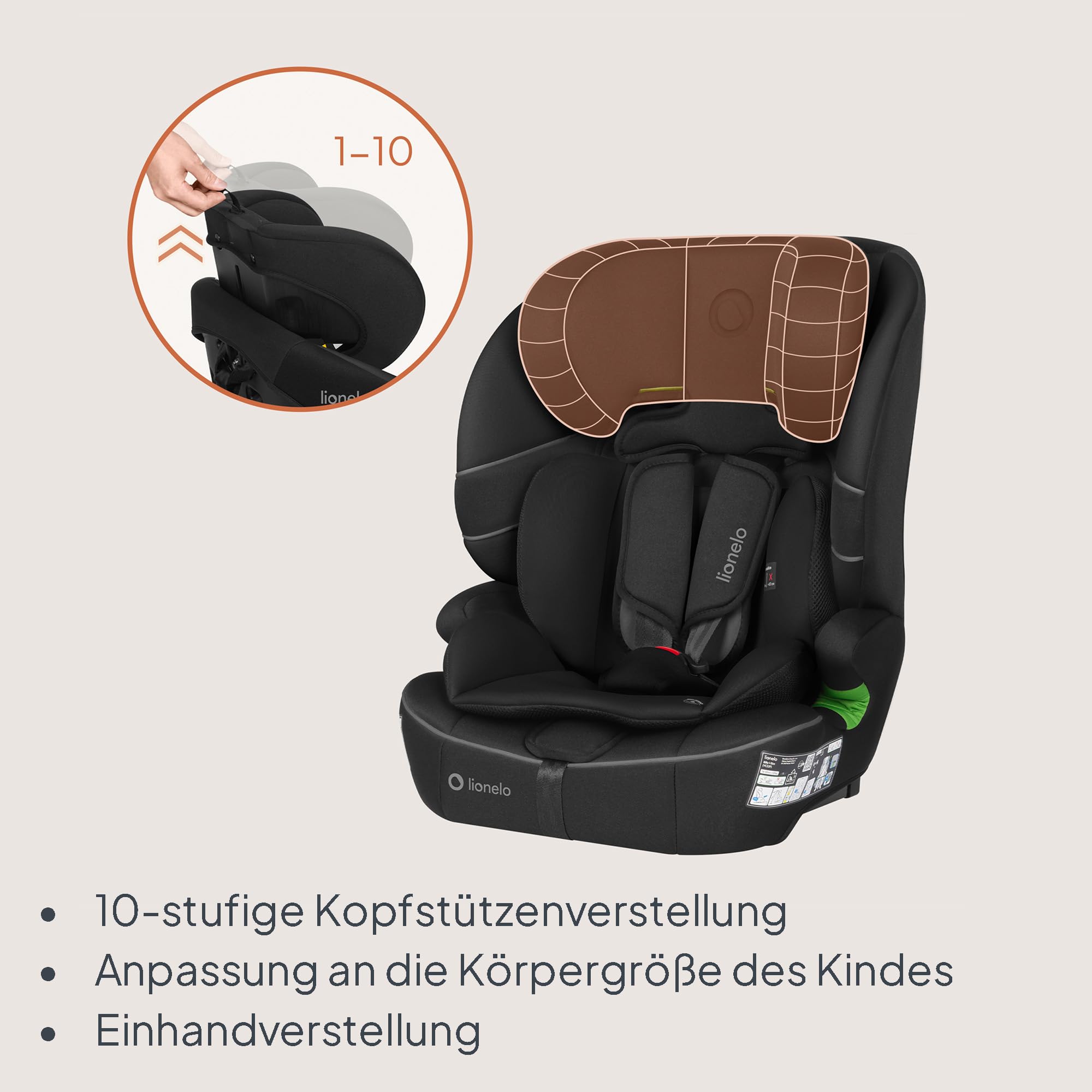 Lionelo Billy i-Size Kindersitz 76–150 cm (ab ca. 15 Monate–12 Jahre) | R129, ISOFIX & Top Tether oder Fahrzeuggurt, 5-Punkt-Gurt 76–105 cm, 10-fach Kopfstütze, Seitenaufprallschutz
