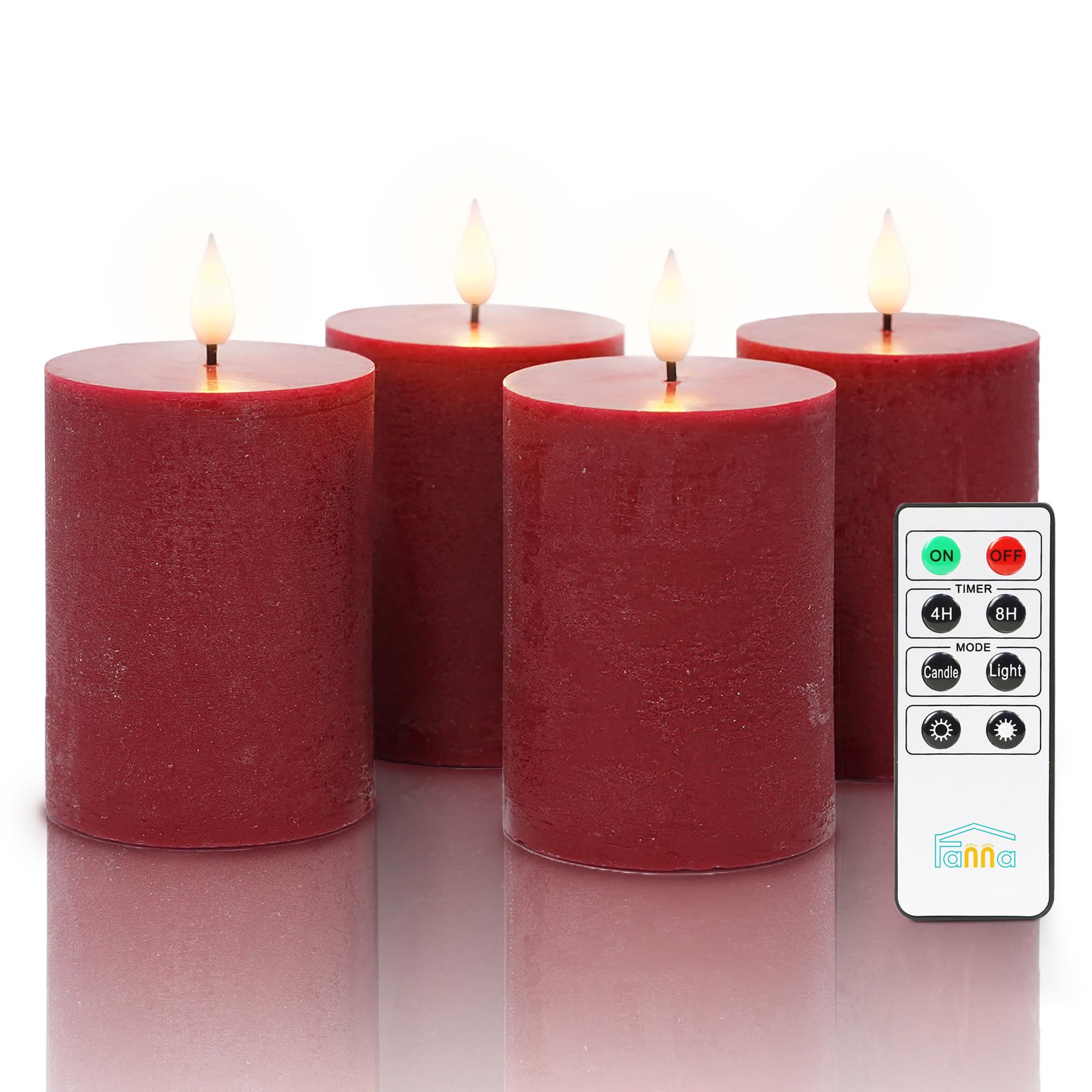 Fanna 4 Rosso Bordeaux Candele LED in Rustico con Telecomando e Batterie, Candele a LED Decorative con Timer per Avvento e Natale Uso Interno - H 10cm