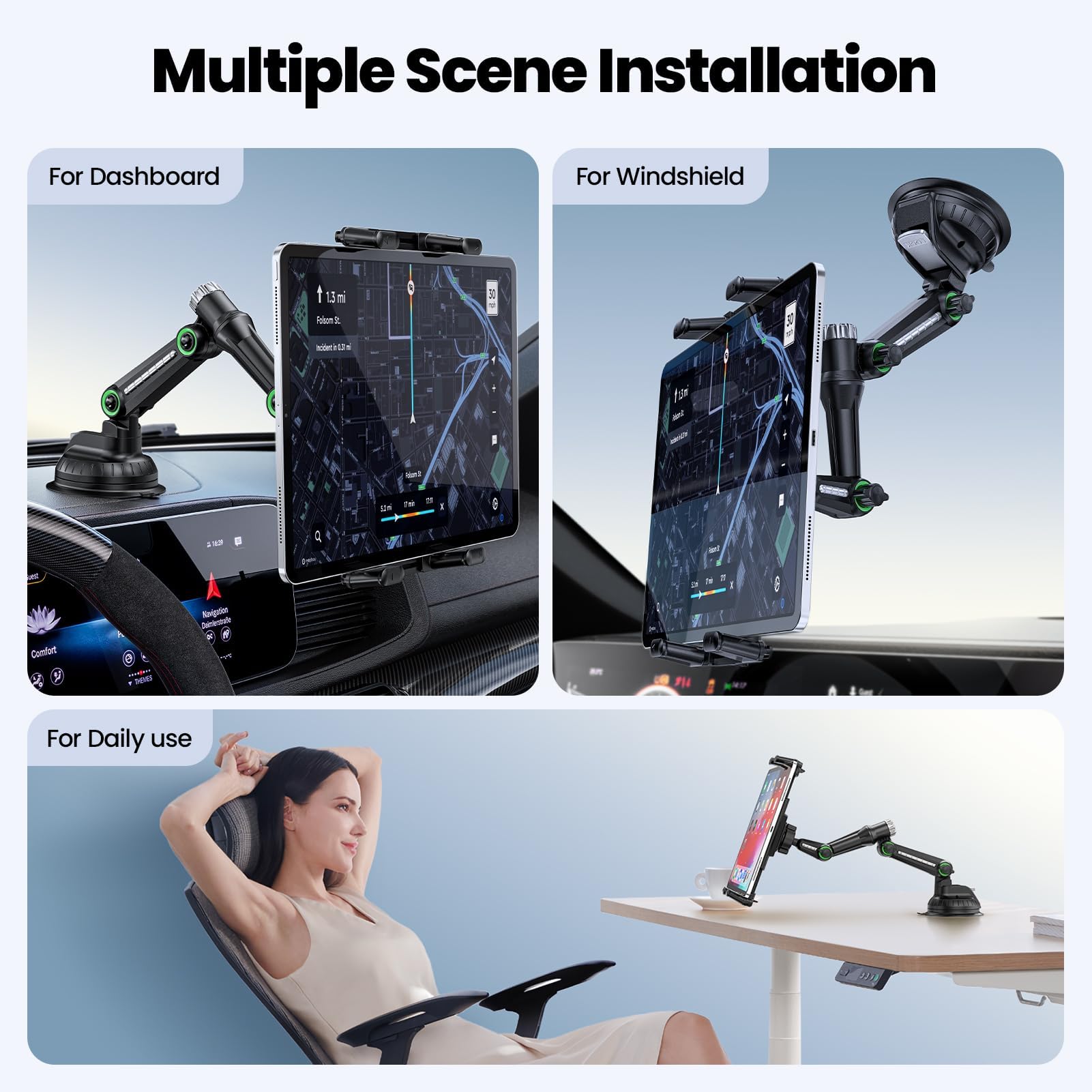 GlasFlength Supporto per tablet aut o per cruscotto auto, supporto per tablet a ventosa, 4,7 – 9,7 pollici, table t e telefoni rotanti a 360°, regolabile, supporto per iPad per auto e ufficio (nero)
