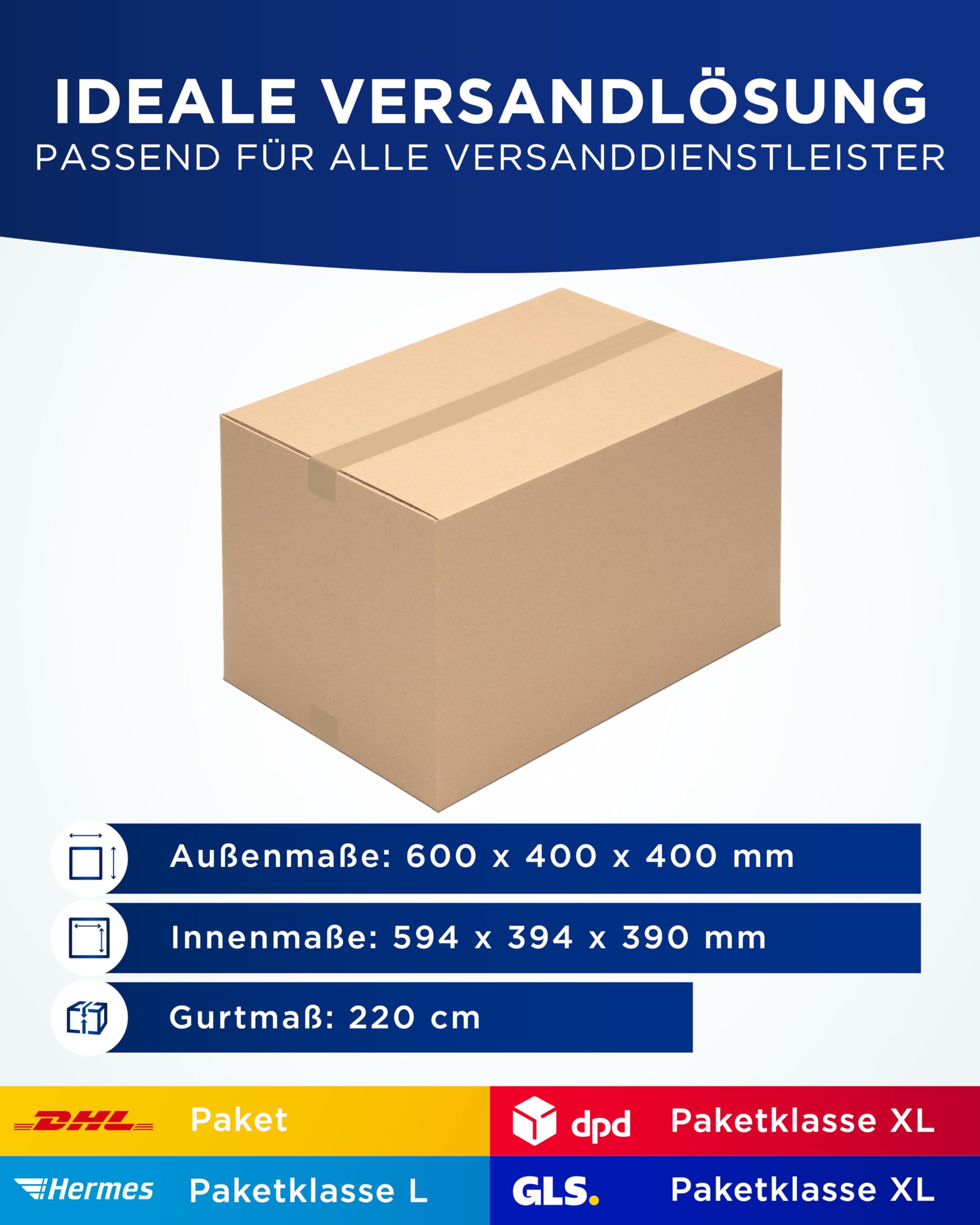 KK Verpackungen Versandkartons 600 x 400 x 400 mm Braun 1-wellig (Innenmaß 594 x 394 x 390 mm) | 20 Stück, Faltkartons Kartons für Versand als DHL Paket Hermes Paketklasse L DPD GLS Paketklasse XL