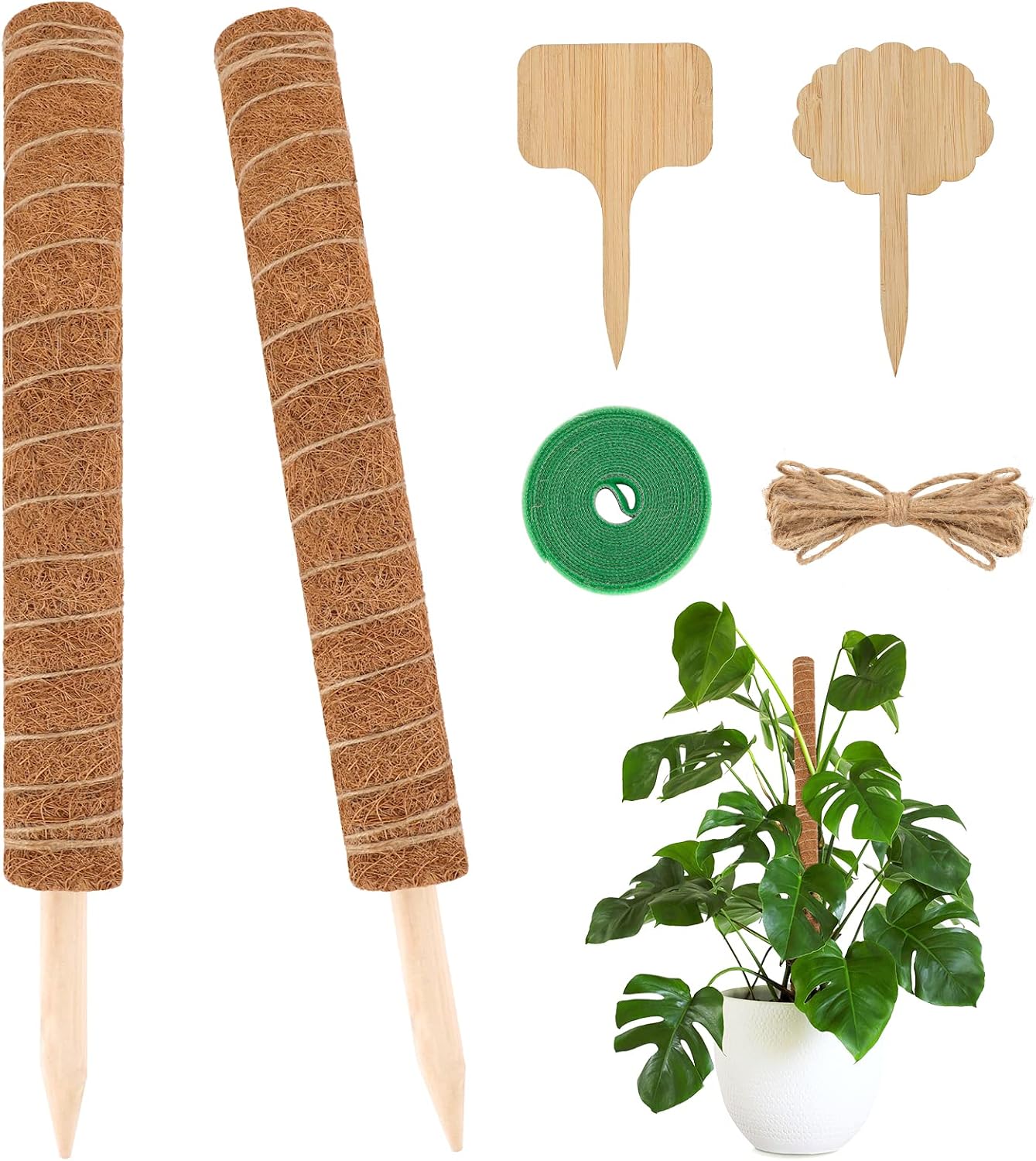 Whonline 35 Inches Moss Poles for Climbing Plants Monstera - 2pcs 20 Inches Stackable Coco Coir Poles - Support Upward Growth of Indoor Potted Plants with Jute String, Garden Tie and 2 Bamboo Labels