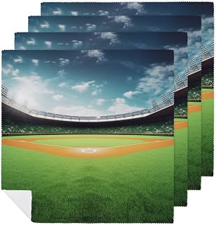 Green Baseball Field Backdrop Cloth Napkins Reusable Table Napkins Soft Washable Dinner Napkin Table Decor for Parties Dining Everyday Use 18.7 X 18.7 Inches 4 PCS