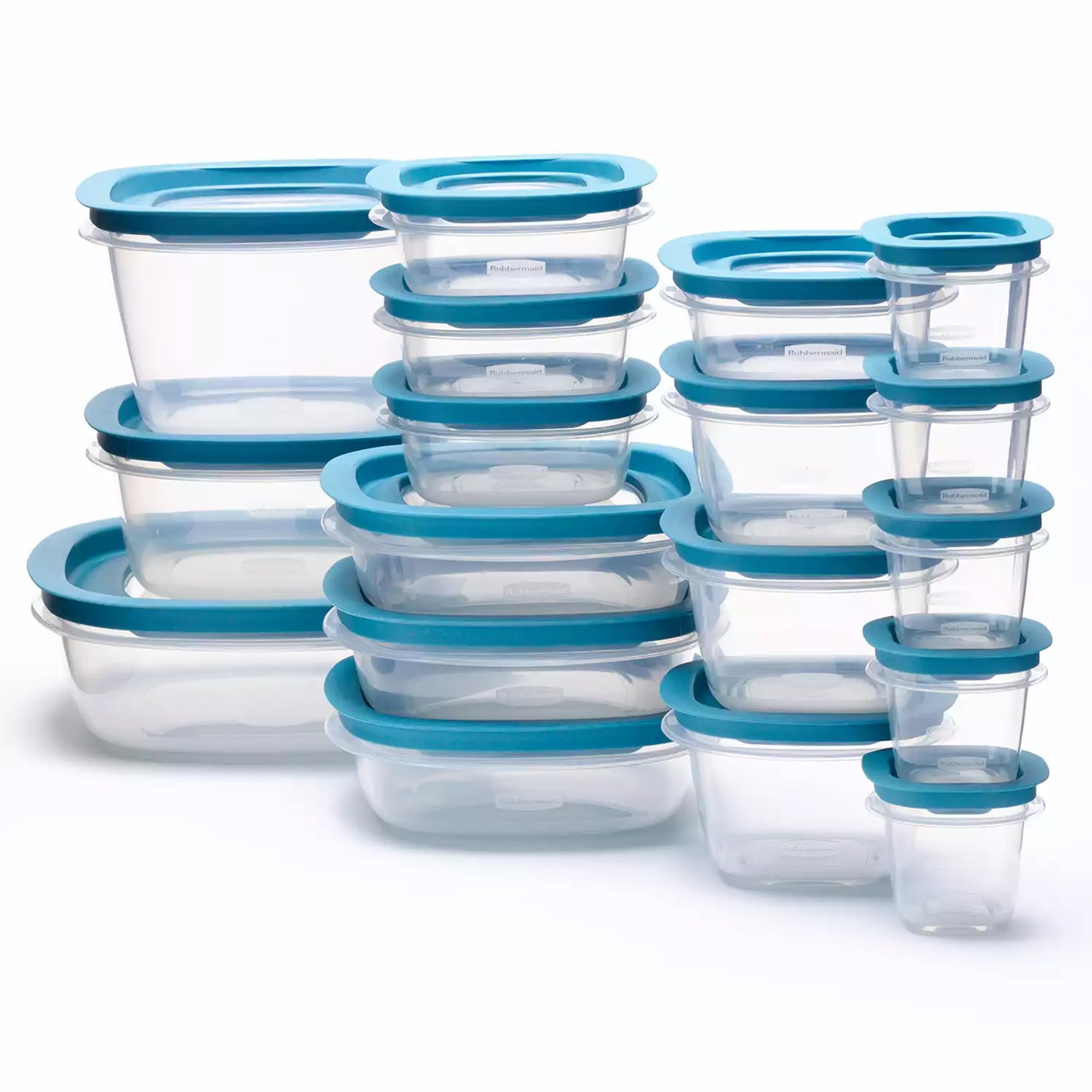 Flex & Seal Clear Food Storage Kitchen Containers by Rubbermaid – 9 inches x 9 inches, 6.56 liters, Plastic, Teal, Pack of 36