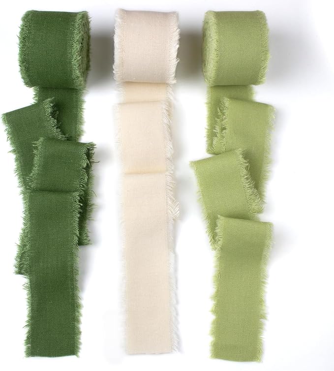 Mlurcu Green & Ivory Cotton Linen Ribbon 11/2 Inch x 21Yds