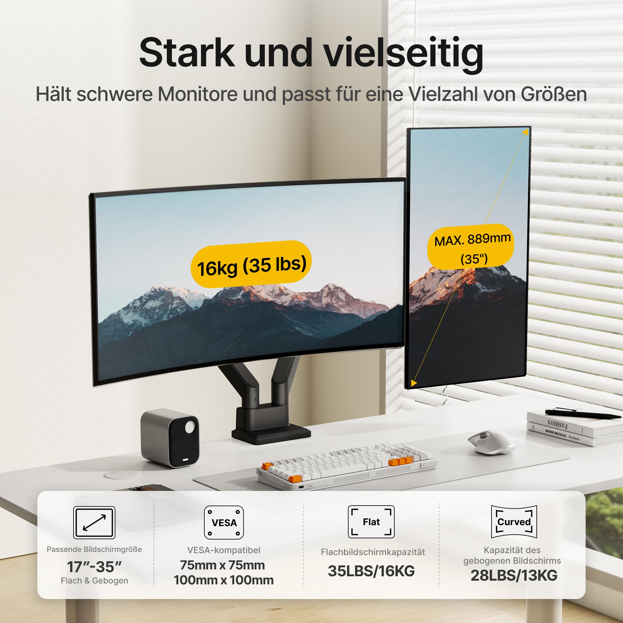 monTEK Monitor Halterung 2 Monitore für 35 34 32 27 24 22 19 17 Zoll | Hält 1-16 kg, VESA 75/100, Neigbar, Schwenkbar, Drehbar, Monitorständer, Schwarz