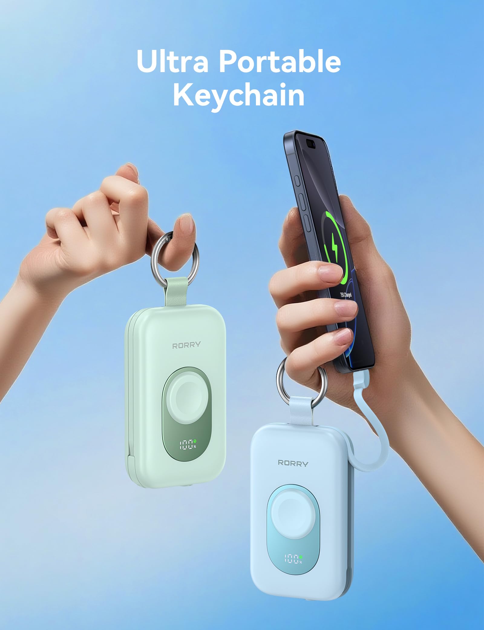 RORRY Portable Charger, 20000mAh PD 30W Portable Charger Power Bank with 2 Built-in Cables, Super Fast Charging Battery Pack with Keychain, Travel Essentials for iPhone, Apple Watch, iPad,: Black