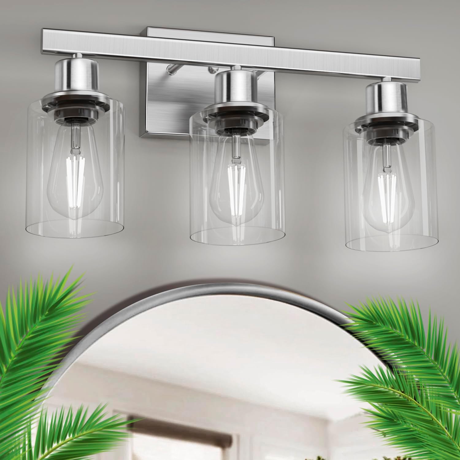 DIKAIDA 3Light Bathroom Light Fixtures, Nickel Bathroom Vanity Light