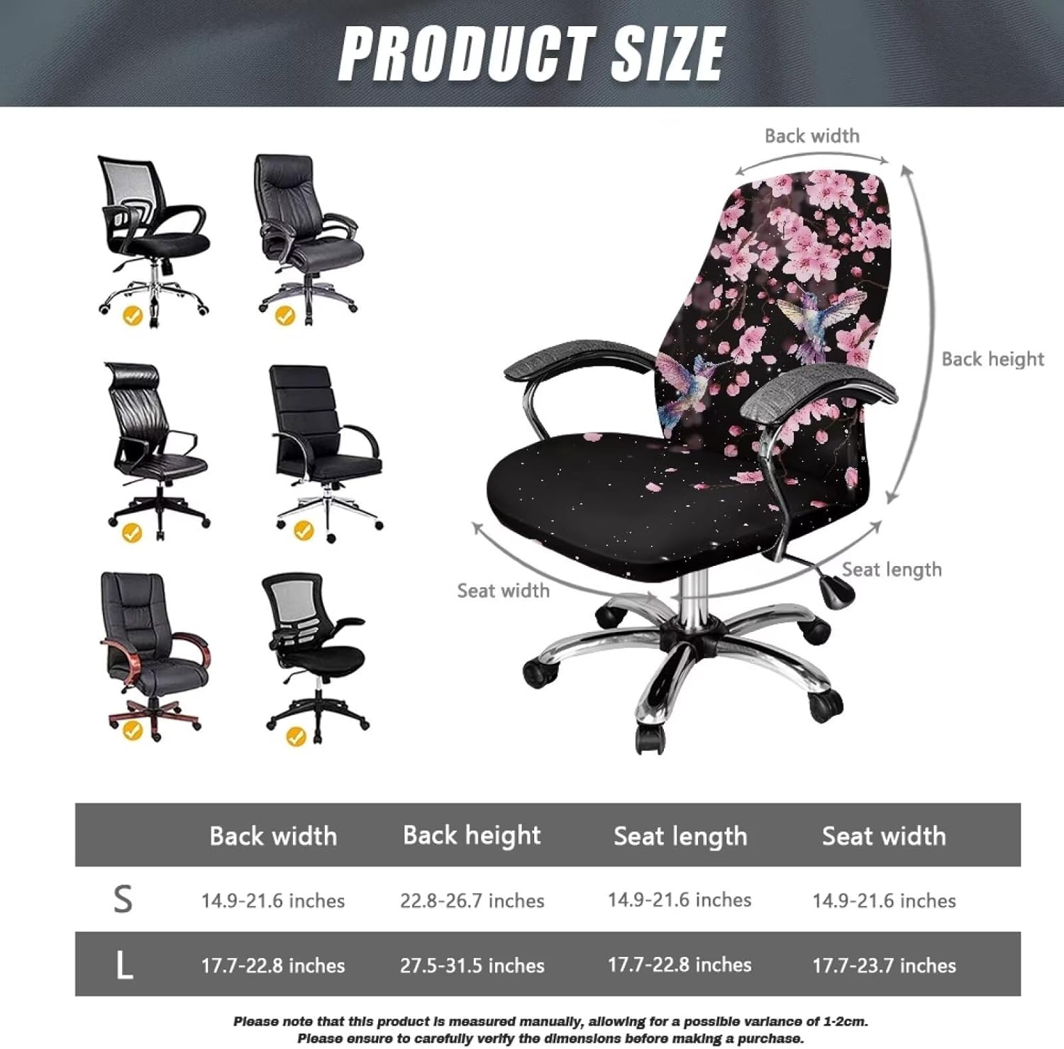 Talayituse Hummingbird Cherry Blossom Print Computer Office Chair Covers, Soft Fit Universal Desk Rotating Chair Slipcovers, Removable Washable Anti-Dust Spandex Chair Protector Cover, Large