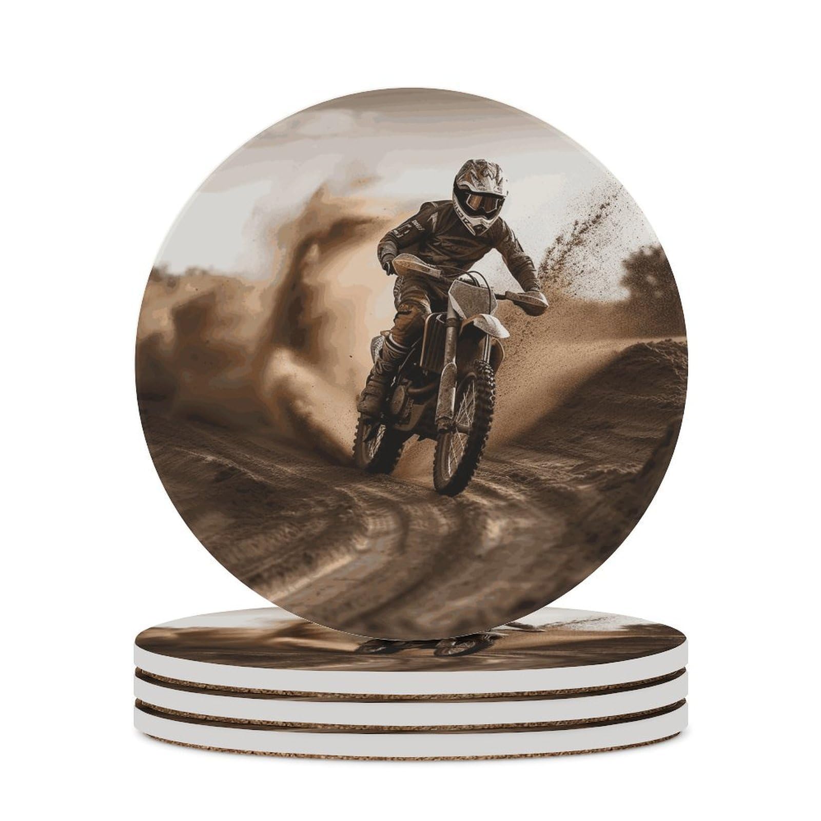 Motocross Coaster with Cork Base Drink Coasters for Coffee Table Decor Modern Cup Coasters with Non-Slip & Heat-Resistant Cute Ceramic Table Coaster for Home Dining