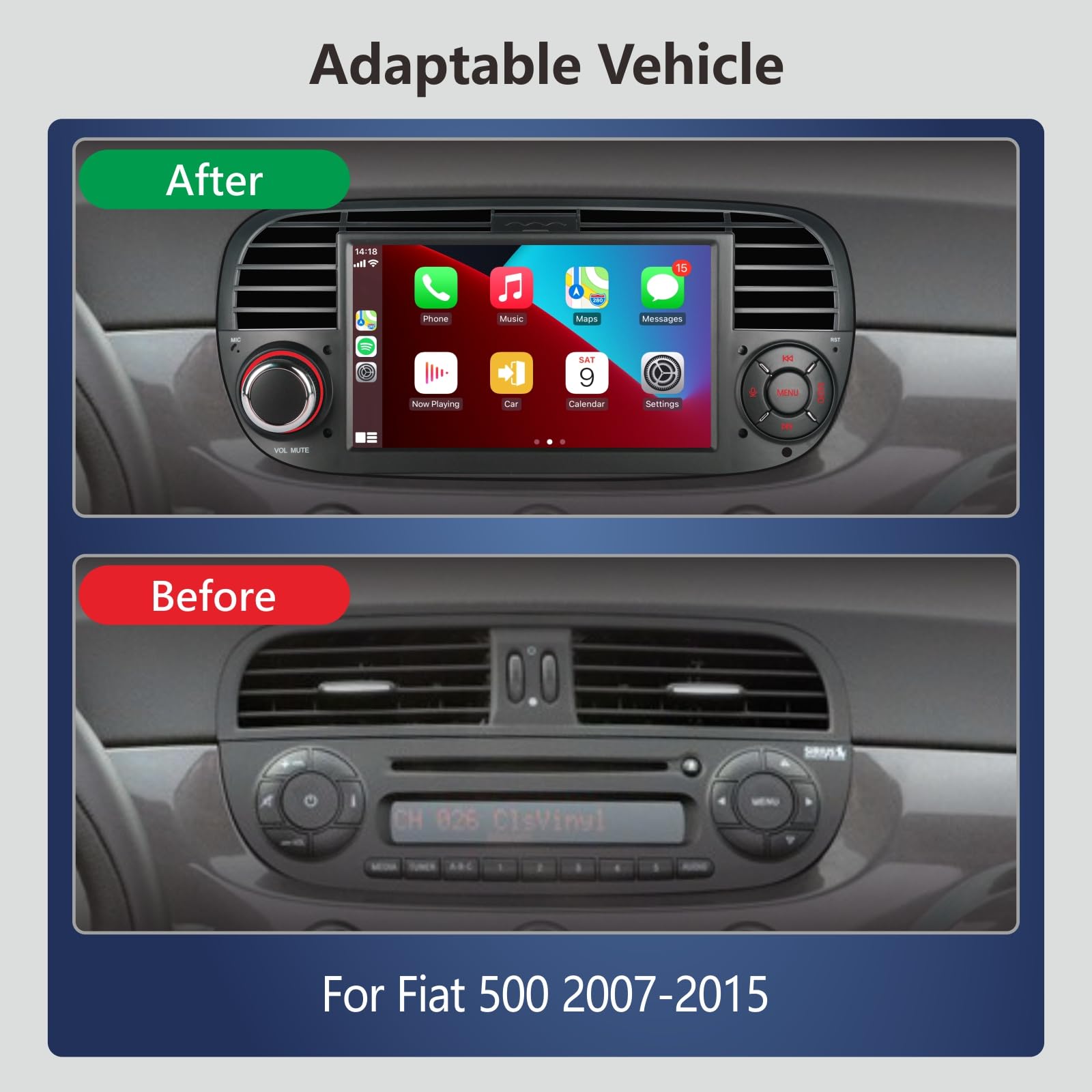 Doppel-DIN-Autoradio kompatibel mit drahtlosem Carplay Android Auto für FIAT 500 2007-2015-Zoll IPS Bluetooth/FM/AM Radio/USB/EQ (Schwarz)