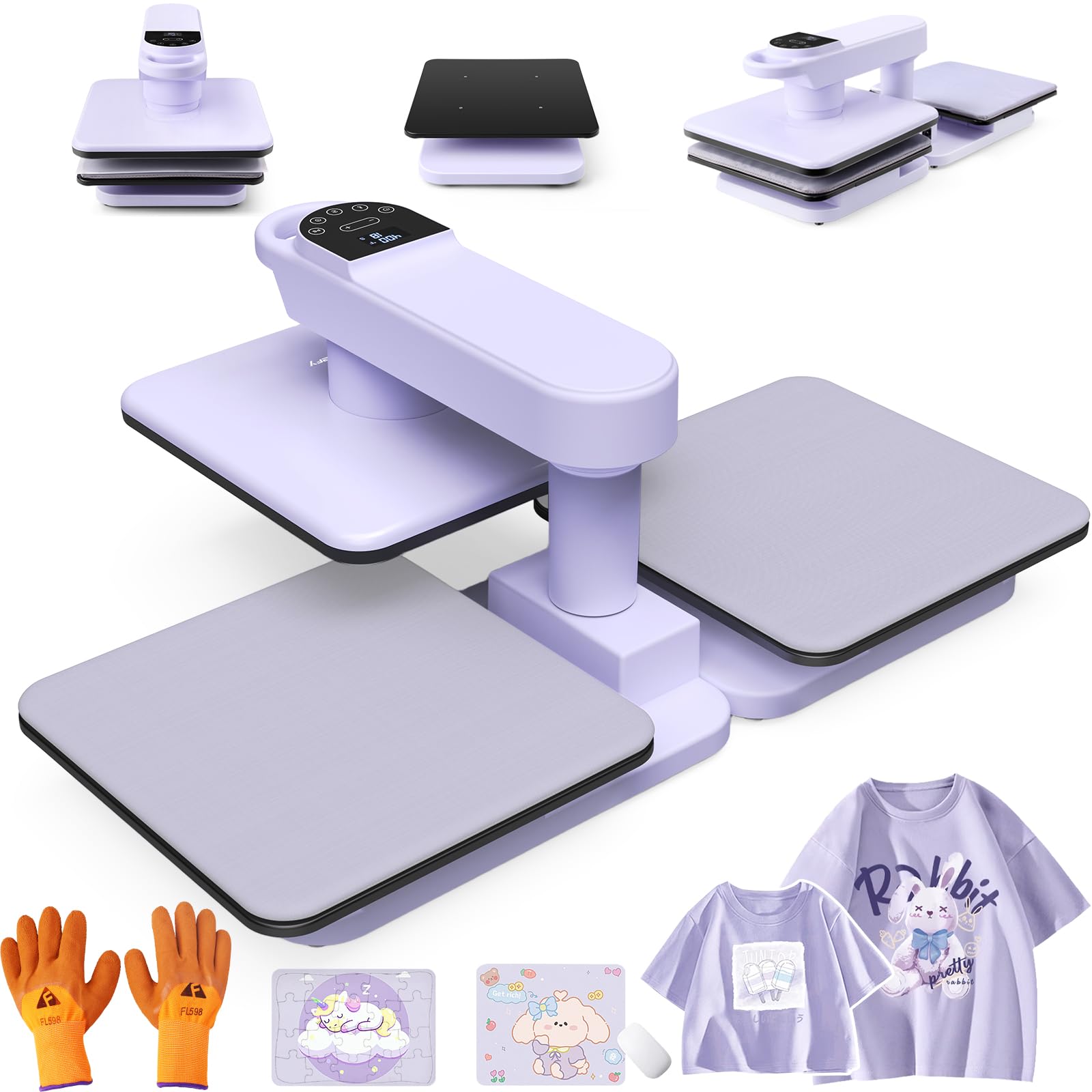 Prensa de calor automática doble Whubefy 360 de 15 x 15 con banco de trabajo doble, máquina de prensado de camisetas automática de dos estaciones, liberación automática, presión automática de 7 niveles, máquina de prensado de calor profesional de doble giro para camisetas y sudaderas.