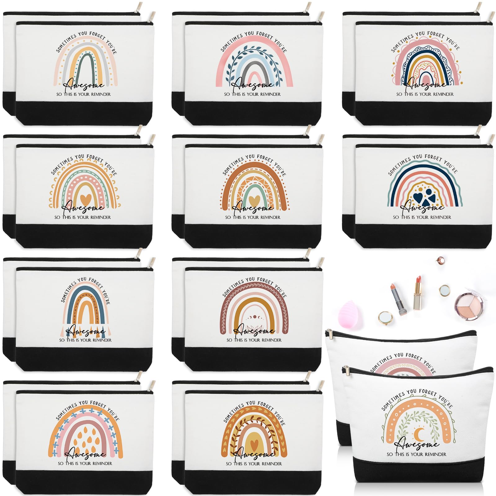 Roowest 24 Pcs Teacher Appreciation Gift Thank You Makeup Bags Inspirational Gift Sometimes You Forget You're Awesome Sign Cosmetic Bags for Teacher Coworkers Women Nurse Secretary(Rainbow)