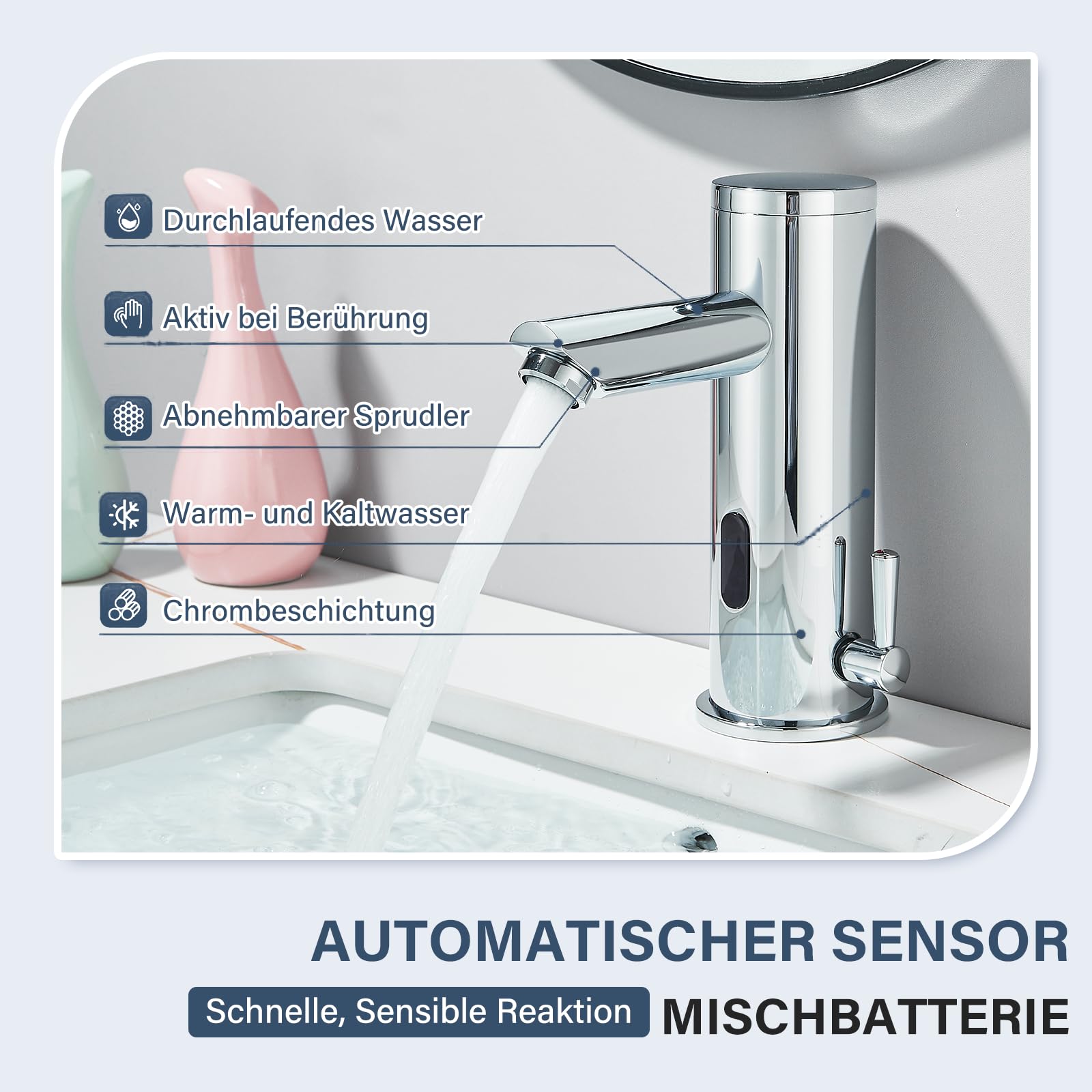 Sensore a infrarossi Rubinetto Bagno Cromo, Automatico Sensore Miscelatore Miscelatore Bagno Schermo Calda Acqua Fredda Miscelatore Rubinetto Rubinetto Lavello