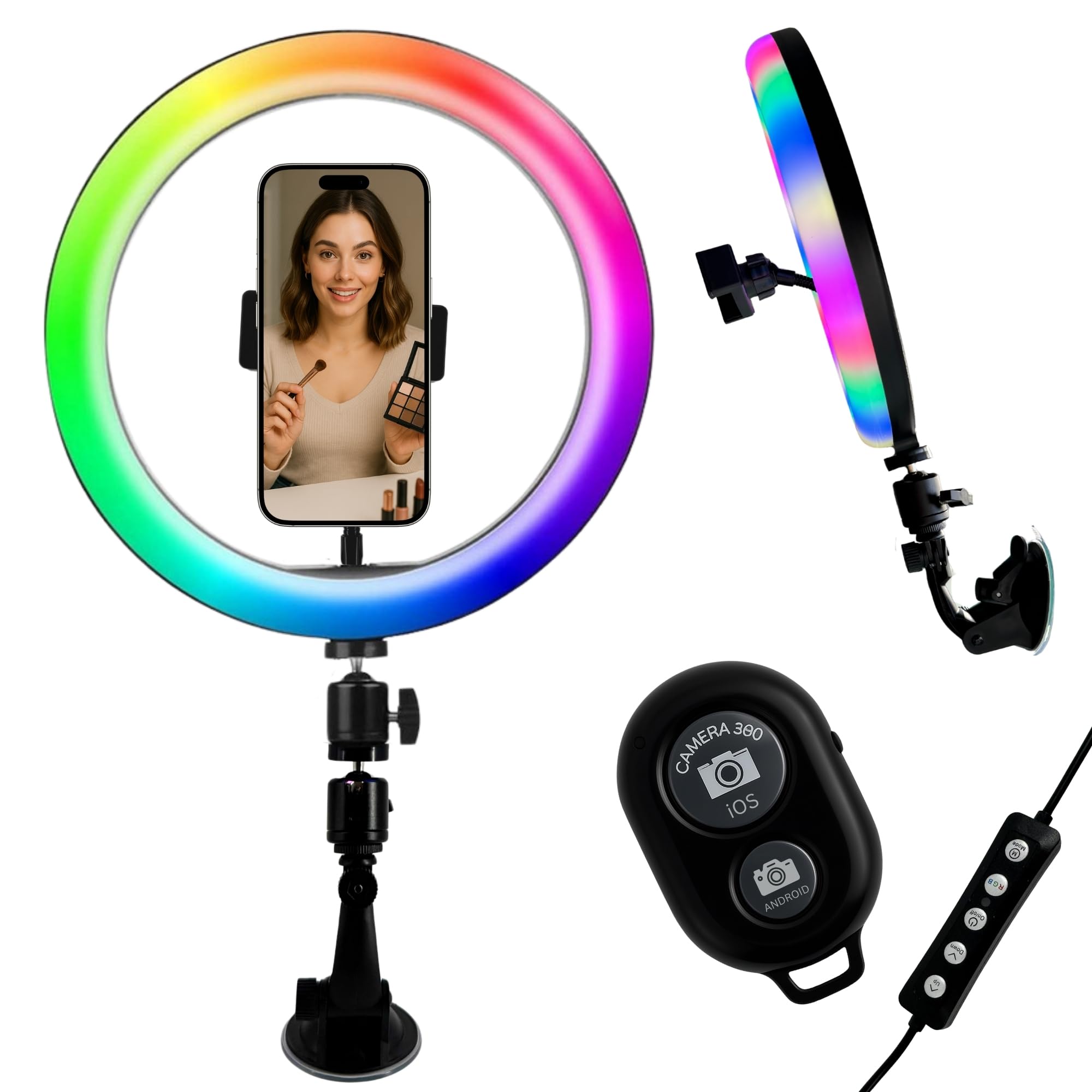 TronicXL Uchwyt na przyssawkę do smartfona z kolorowym światłem pierścieniowym i pilotem zdalnego sterowania I do lustrzanego okna uchwyt na telefon komórkowy I Selfie Video Photo statyw do Apple