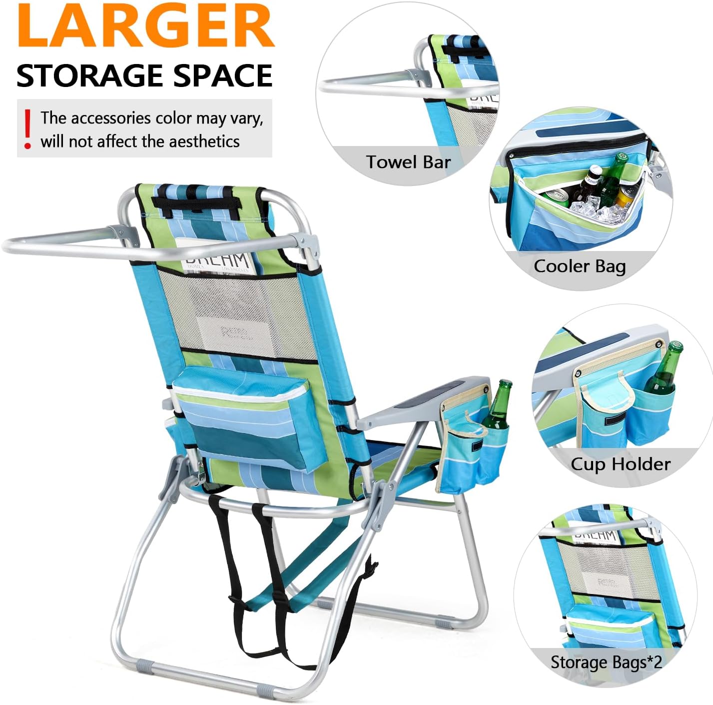 VINGLI Tall Beach Chair 2 Pack Lightweight, Backpack Beach Chair for Adults with 5-Position, Cooler Bag, Cup Holders, Towel Bar, Lightweight Folding Beach Camping Chairs （Blue/Green-16