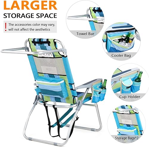 Miniatura 6 de VINGLI Silla alta de playa ligera, paquete de 2 sillas de playa ligeras para adultos con 5 posiciones, bolsa refrigeradora, portavasos, toallero,