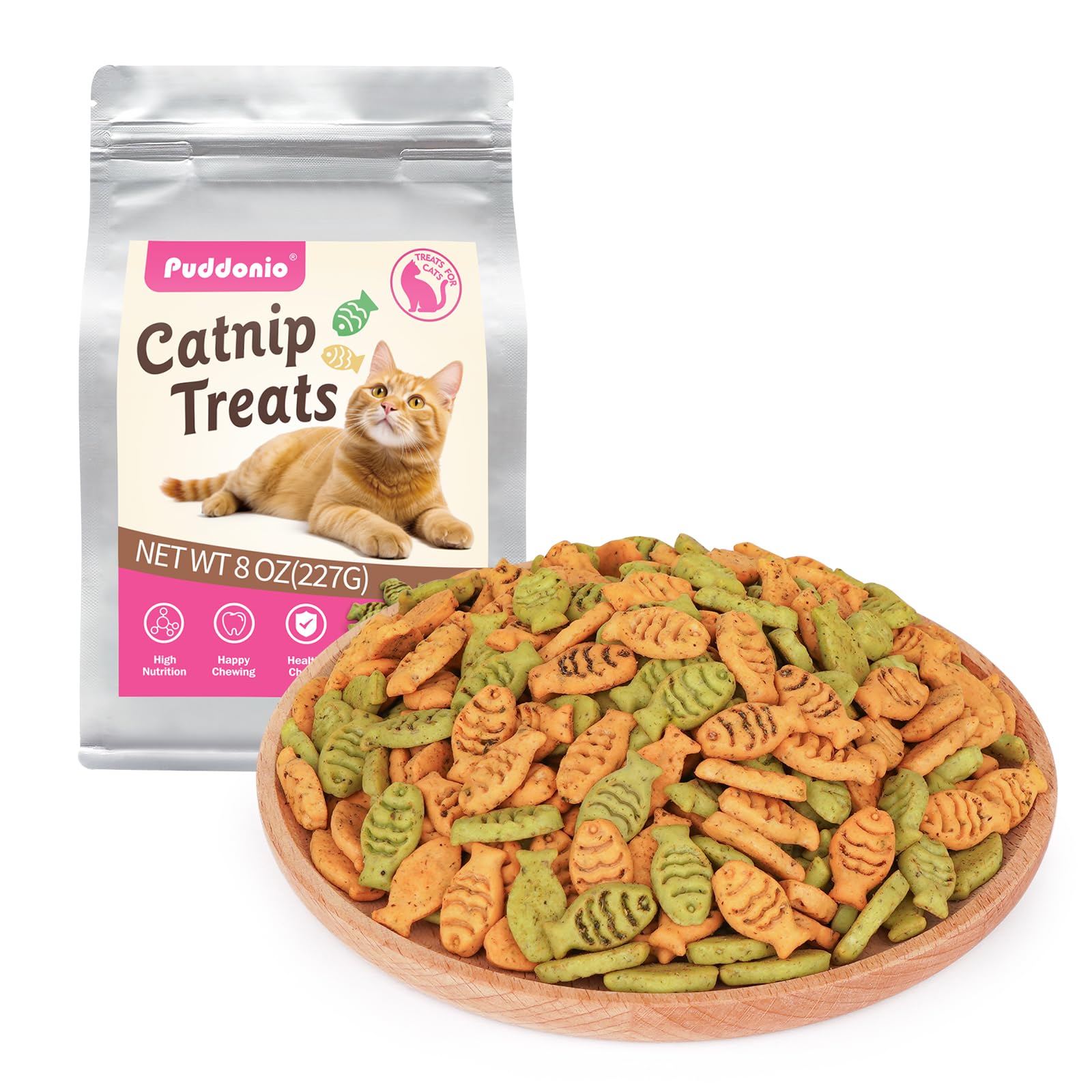 Puddonio Catnip Cat Treats, Chicken and Salmon Flavor Cat Snacks, Training Biscuits Treats for Cats, Crunchy Fish Shape Adult Cat Biscuits, 8 oz