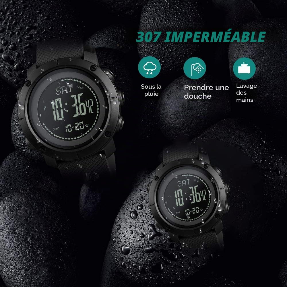 Skmei Montre de Sport numérique pour Homme, podomètre, altimètre, baromètre, température, Militaire, étanche, pour Homme et Femme.