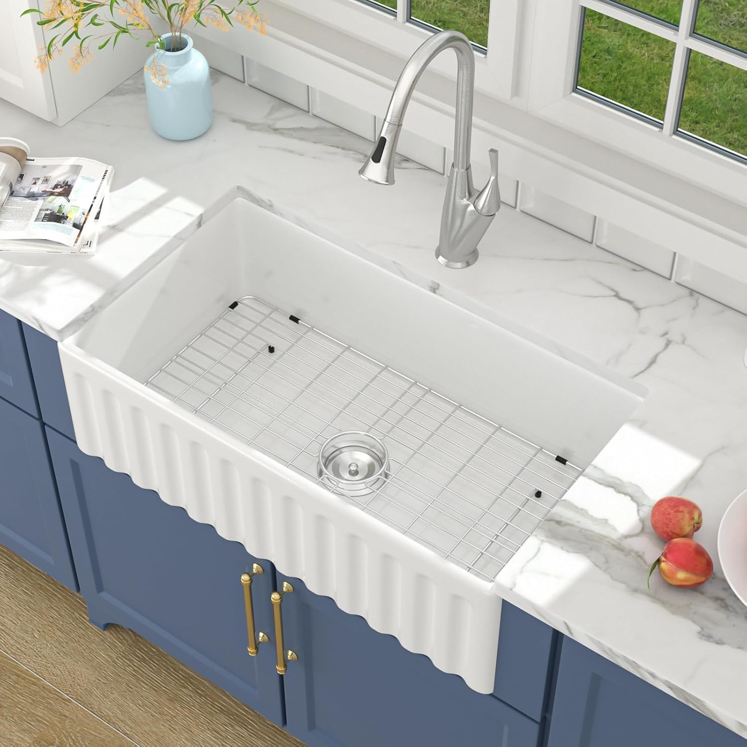 Farmhouse Sink - Lordear 33x18 Inch White Farmhouse Sink Fireclay Kitchen Sinks Apron Front 33 Inch Glossy Porcelain Ceramic Single Bowl Reversible Farm Farmer Style Sinks
