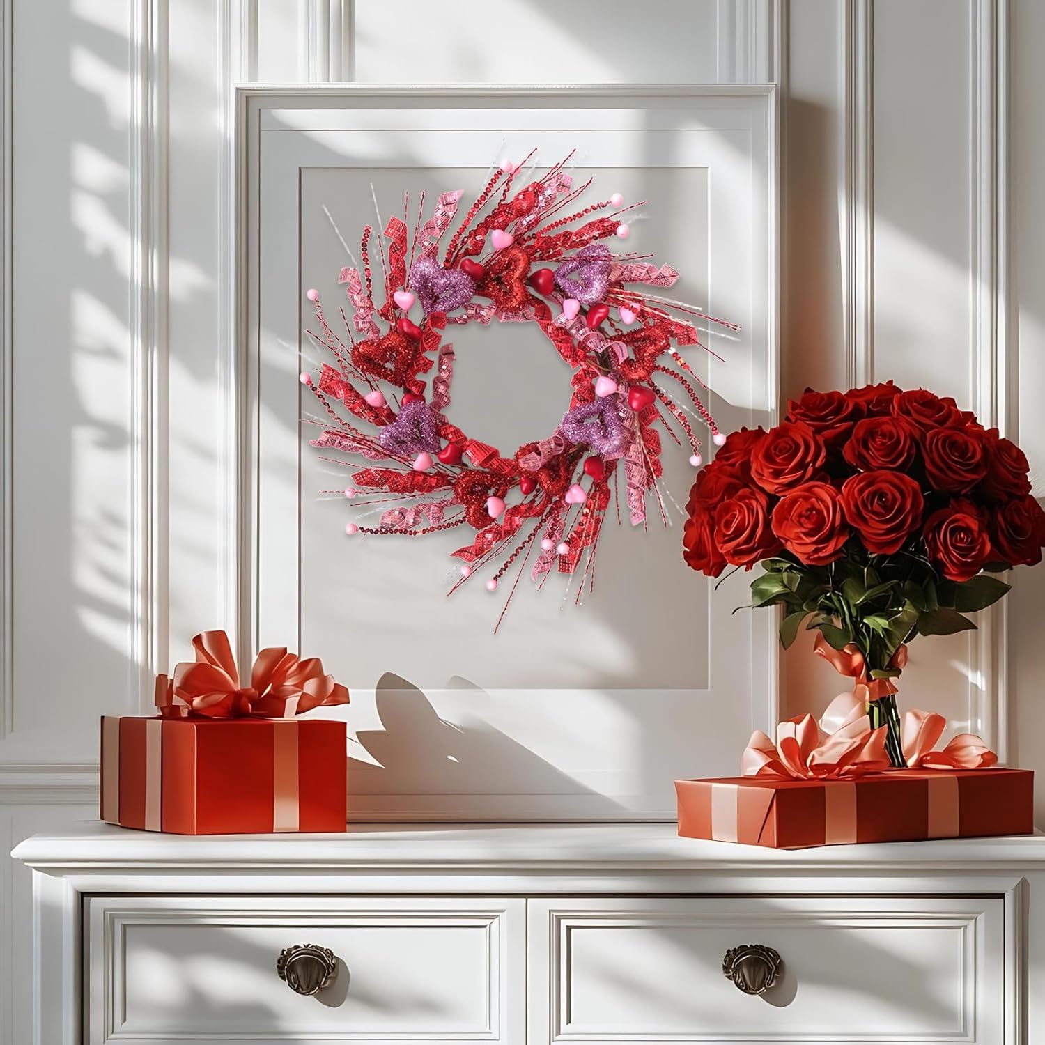 22 Inch Valentine's Day Wreath for Front Door - Red & Pink Glitter Heart Wreath, Valentine's Day Decor for Wall Door Fireplace Home Wedding Anniversary - Image 6