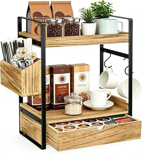 Organiseur de station de café avec tiroir et 2 crochets p…