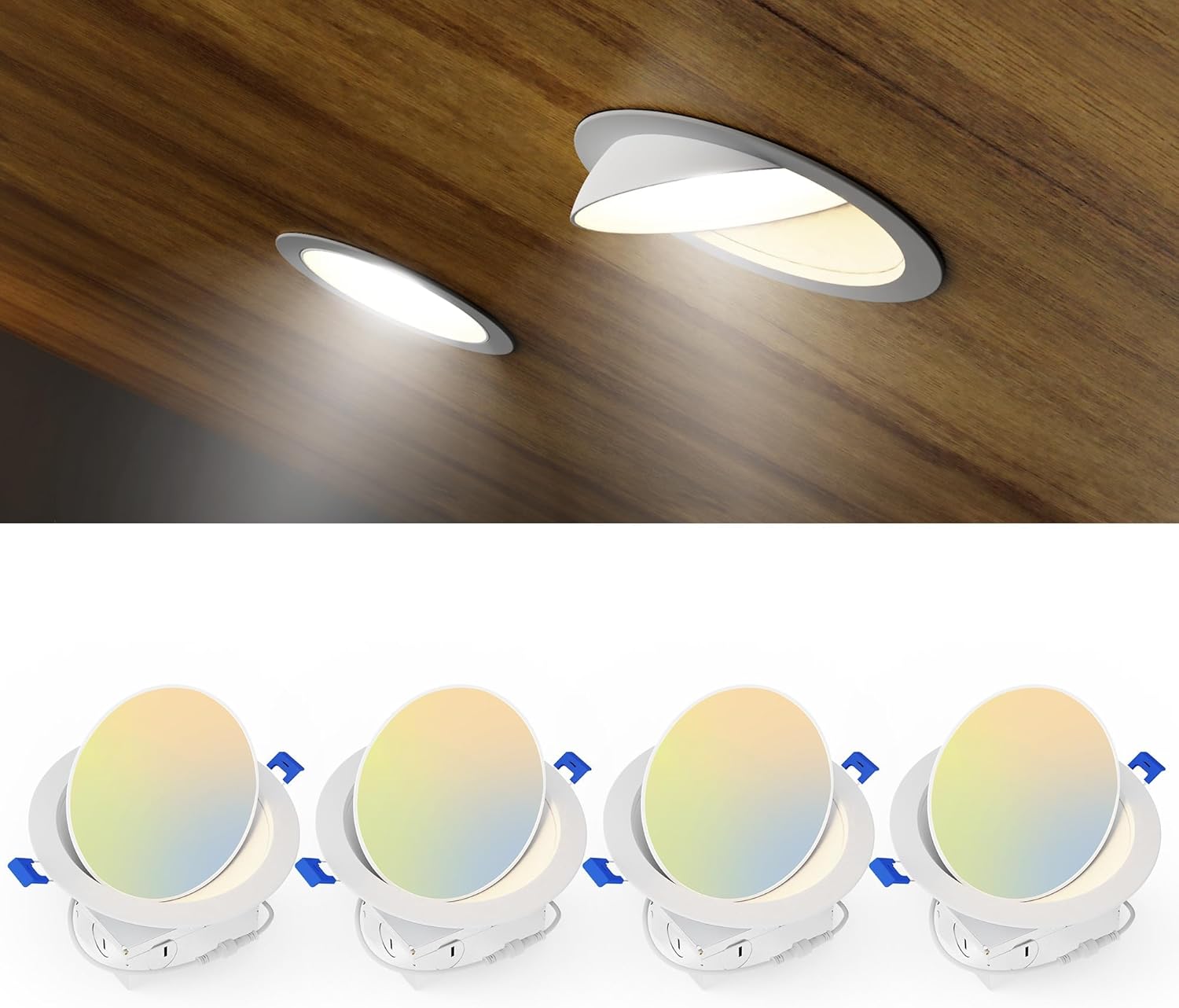 Ensenior 4 Pack 6 inch 5CCT LED Eyeball Recessed Lighting, 360°+90° Rotatable, Dimmable Gimbal Recessed Lights, Canless Angled Adjustable Ceiling Downlight, 1300LM, 12W=115W, 120V - ETL&FCC 6 Inch 4 Pack