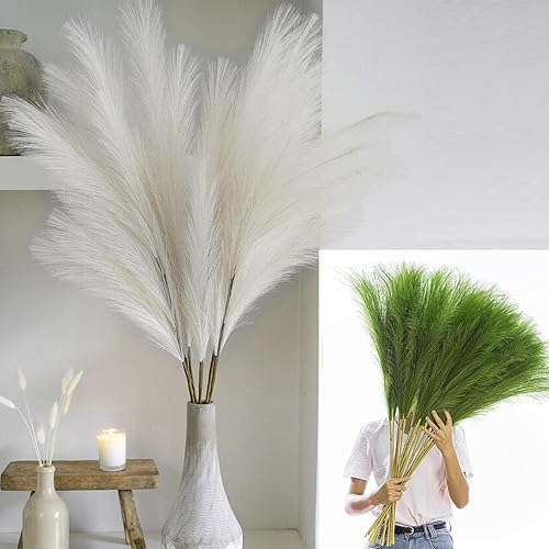 Decoración de hierba de pampa sintética de 38 pulgadas, color blanco y verde, césped artificial de pampas, pequeño arreglo floral de pompas