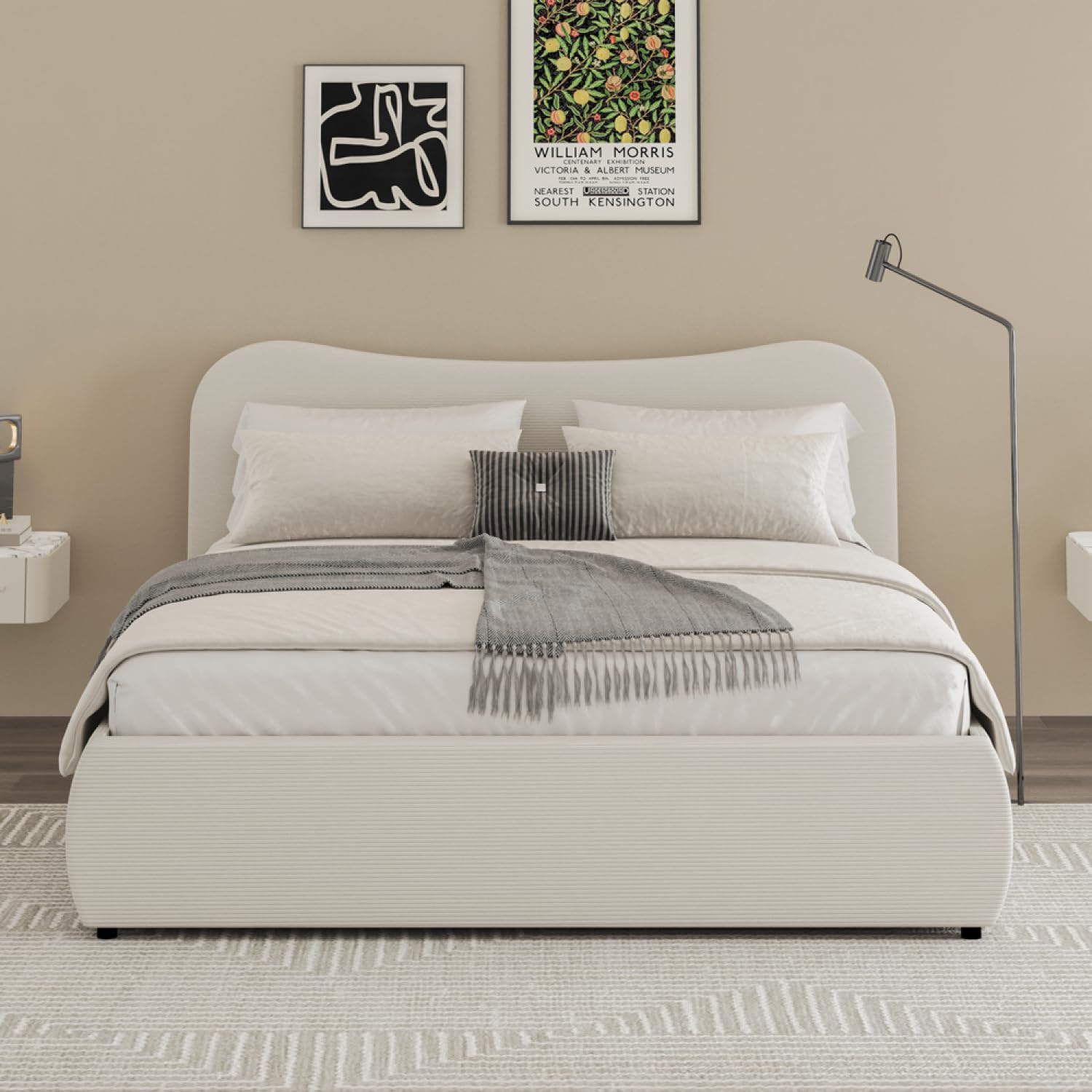 Lit Coffre PLANO 160x200 cm Velours Côtelé Beige Silhouette Arrondie