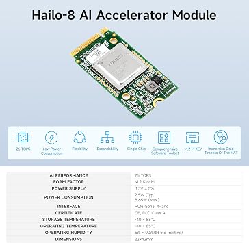 waveshare Hailo-8 M.2 AI Accelerator Module, Compatible with Raspberry Pi 5, Supports Linux/Windows Systems, Based On The 26TOPS Hailo-8 AI Processor, Module Only