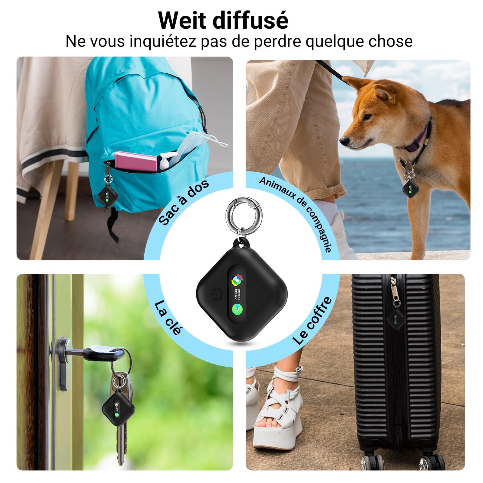 Smart Tag Traceur Lot de 4,Localisateur d'objets Bluetooth Compatible Android et Apple Localise,Tracker Localisateur pour Portefeuilles/Valises/Clés/Bagages,IP67 étanche, Batterie Remplaçable