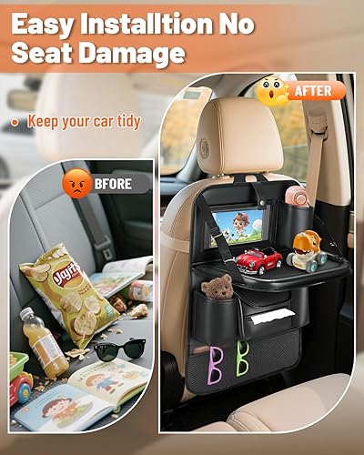 Miniatura 9 de Paquete de 2 organizadores de cuero para asiento trasero de automóvil con bandeja de mesa plegable, gancho para bolsa de basura, alfombrillas