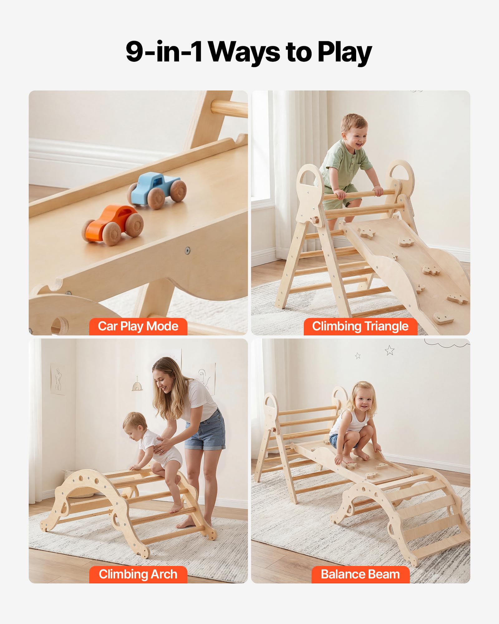 VEVOR Kletterdreieck, 9-in-1 Kletterspielzeug, mit Holzautos, Kissen, Kletterdreieck, Rutsche & Kletterbogen, bis 68 kg Belastbar, Montessori Indoor Spielset für Kinder im Alter von 1 bis 3 Jahren