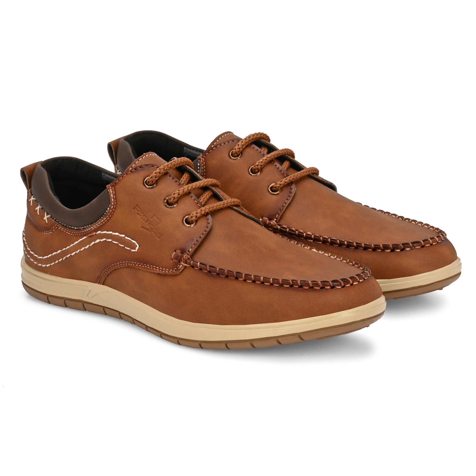 Men's Brown Leather Boat Shoes, Casual Lace-Up Moccasin Loafers with Contrast Stitching-image-1