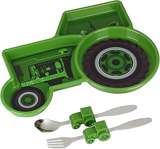 Funwares Green Tractor Engaging Kids' Dinnerware Set: Durable, Divided Plate, Fun Fork and Spoon, Ideal for Picky Eaters, Educational Mealtime, Easy Cleaning, Gift for Toddlers