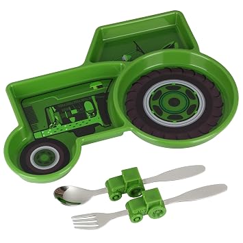 Kids Divided Plate with Utensils - Childrens Meal Set with Plate, Fork and Spoon - Tractor