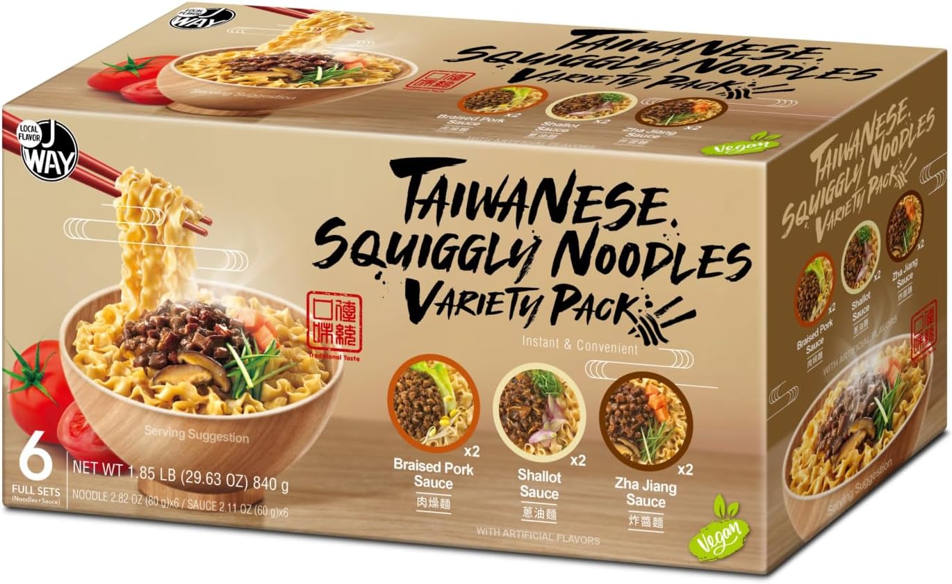 Instant Taiwan Squiggly Noodles by J WAY | Late Night Craving - High Protein & Fiber Authentic Asian Flavors - Variety Pack