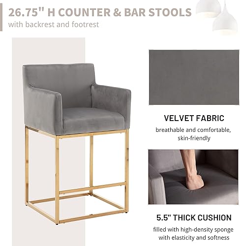 Miniatura 3 de Juego de 2 taburetes de bar tapizados de tela de terciopelo con respaldo y brazos, sillas de bar de metal, taburetes de cocina para isla, bar en