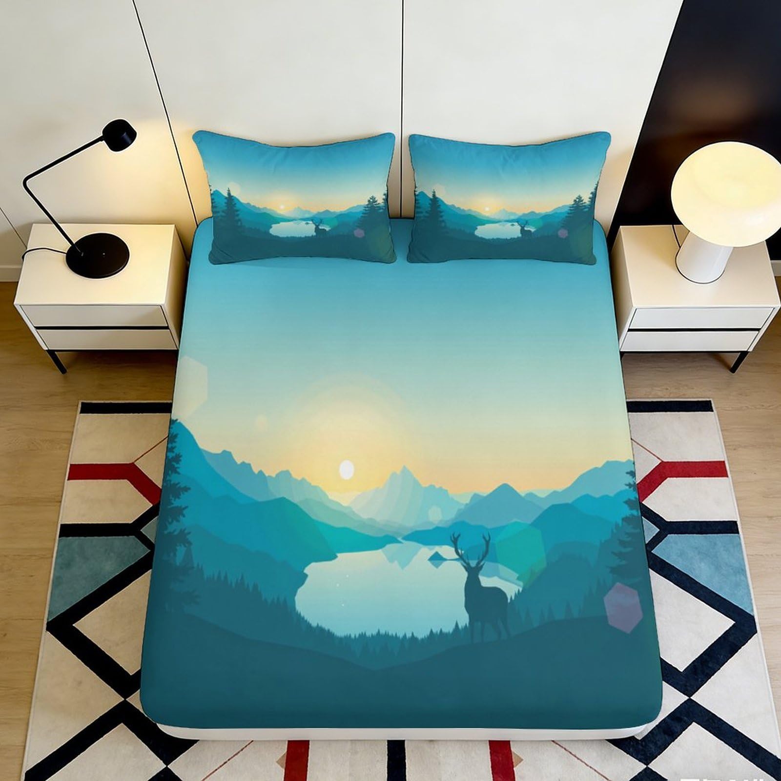 3D Printed Lake Sunset Fitted Sheet Microfiber Deep Pocket Non-Slip Lake View Mattress Fitted Cover for Bedroom Bedding 180x200x25cm