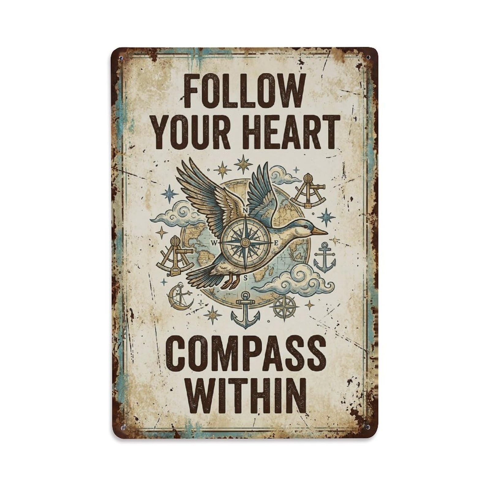 Okngb Style Folk Inspirational Quote Your Heart Compass Motto Metal Tin Sign Plaque Wall Decor For Cafe, Man Cave, Club Bar, Office, Home Garden Round Metal Poster 8X12inch