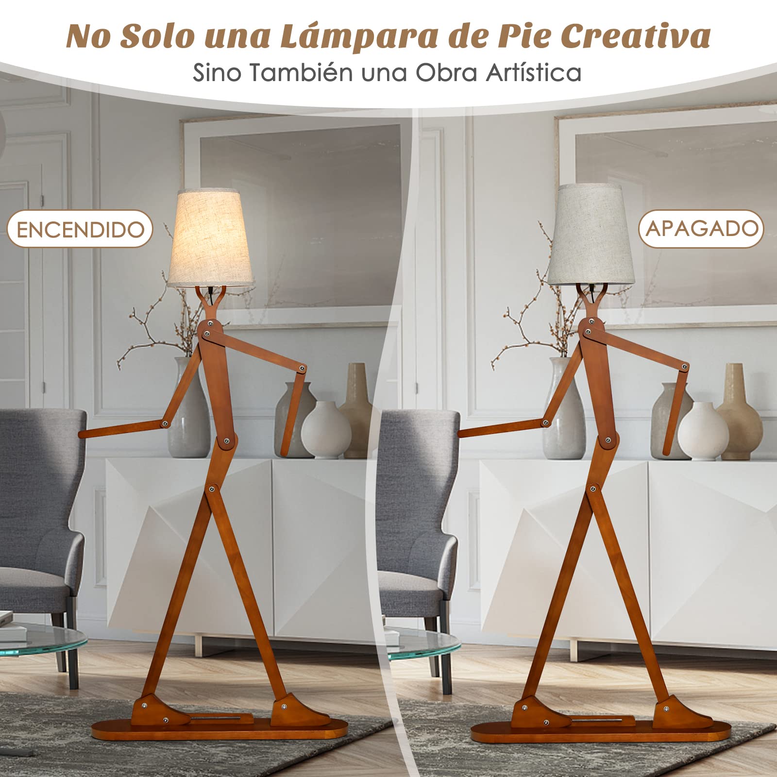 COSTWAY Lámpara de Pie Madera, Forma Creativa humanoide, Articulaciones Ajustables, Lámpara de Salón, Dormitorio, Max.40W