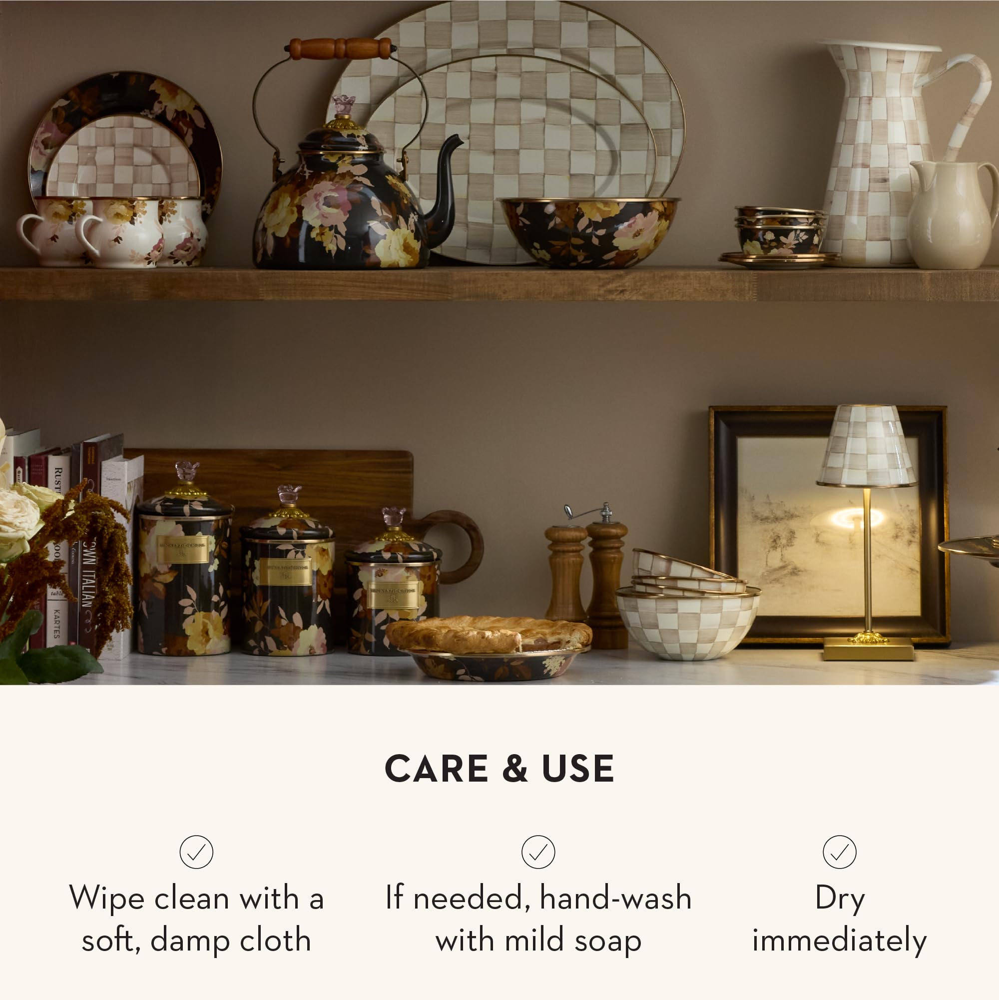 MACKENZIE-CHILDS Enamel Canister Medium Wild Rose Brown | Hand-applied design made from enameled steel versatile kitchen storage container for flour and sugar 48-ounce capacity product thumbnail 7
